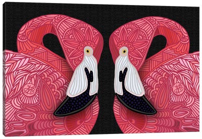 Pink Flamingos Black Canvas Art Print - Angelika Parker