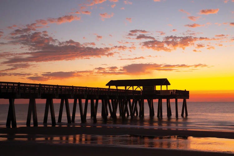 USA, Georgia, Silhouette Of A Pier In The Sunrise, Near Savannah