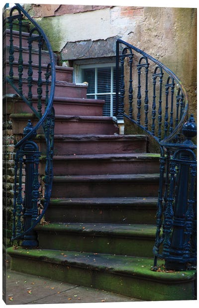 USA, Georgia, Savannah. Wrought iron railing at home in the Historic District. Canvas Art Print - Stairs & Staircases