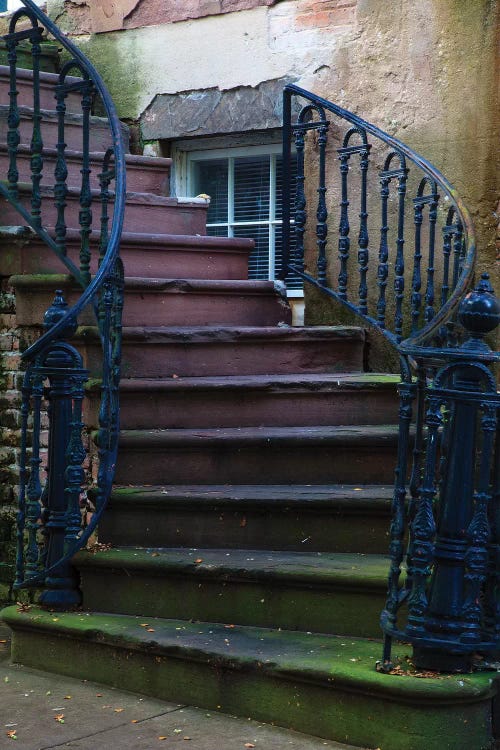 USA, Georgia, Savannah. Wrought iron railing at home in the Historic District.