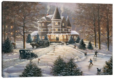 Horseless Carriage Victorian House Canvas Art Print - Christmas Scenes