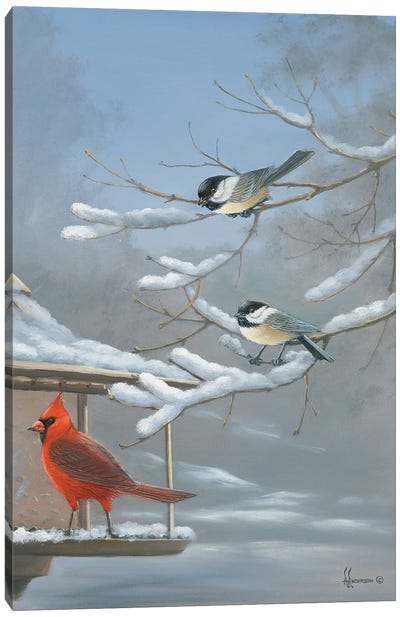 The Standoff Cardinal And Chickadee Canvas Art Print - Cardinal Art