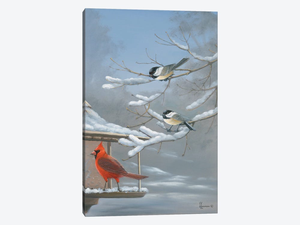 The Standoff Cardinal And Chickadee by Anderson Art 1-piece Canvas Art Print