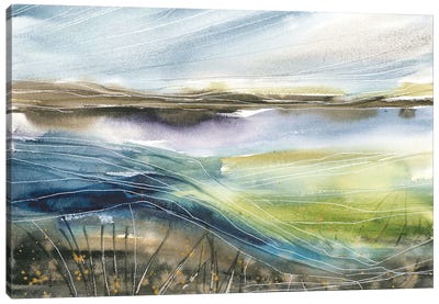 Light Green Field Close To Lake, Watercolor Canvas Art Print - Ana Ozz
