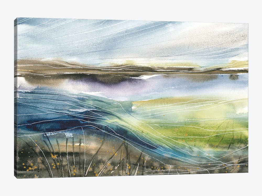 Light Green Field Close To Lake, Watercolor by Ana Ozz 1-piece Canvas Art