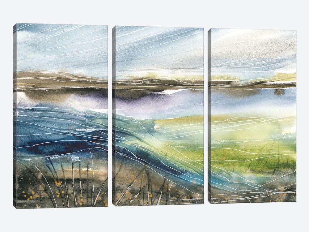 Light Green Field Close To Lake, Watercolor by Ana Ozz 3-piece Canvas Wall Art