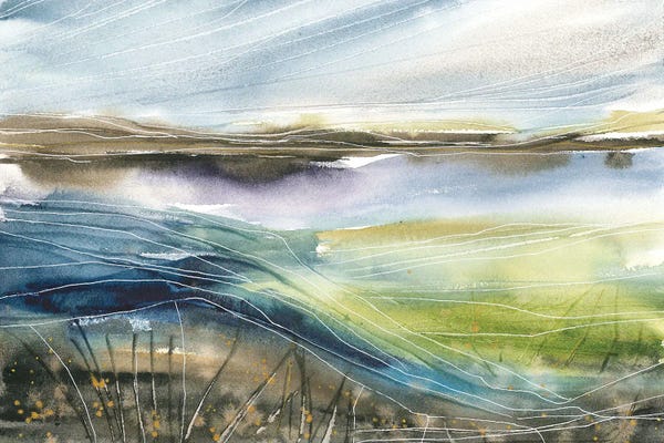 Ana Ozz: Light Green Field Close To Lake, Watercolor by Ana Ozz