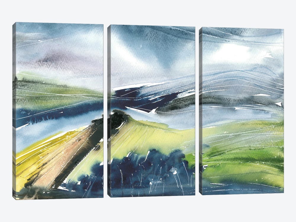 Deep Blue Abstract Landscape, Watercolor by Ana Ozz 3-piece Canvas Art Print