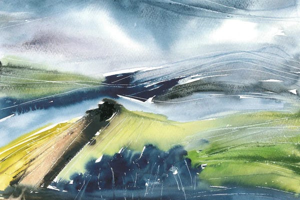 Ana Ozz: Deep Blue Abstract Landscape, Watercolor by Ana Ozz