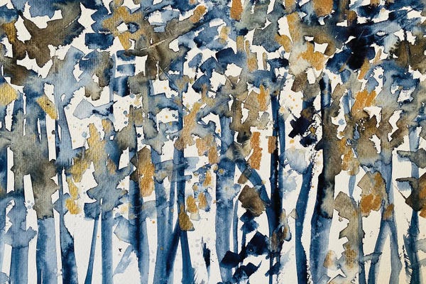 Dreamy Watercolor Artists: Blue And Gold Landscape, Watercolor by Ana Ozz