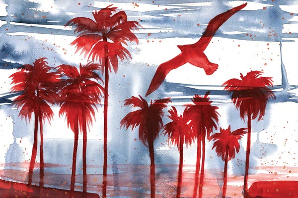 Fine Art Print: Blue And Magenta Seagull Landscape, Watercolor by Ana Ozz
