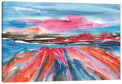 Blue And Magenta Watercolor Abstract Landscape Canvas Art Print - Ana Ozz