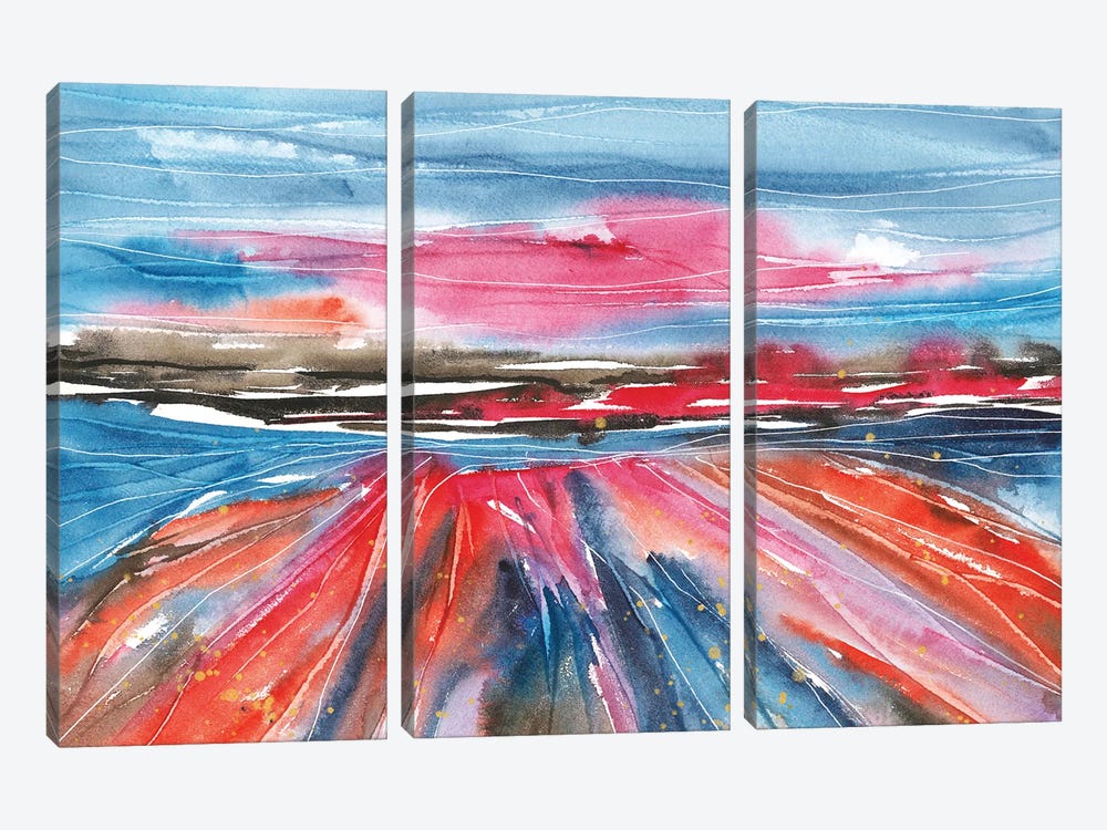Blue And Magenta Watercolor Abstract Landscape by Ana Ozz 3-piece Canvas Artwork