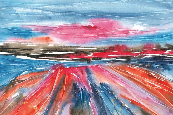 Dreamy Watercolor Artists: Blue And Magenta Watercolor Abstract Landscape by Ana Ozz