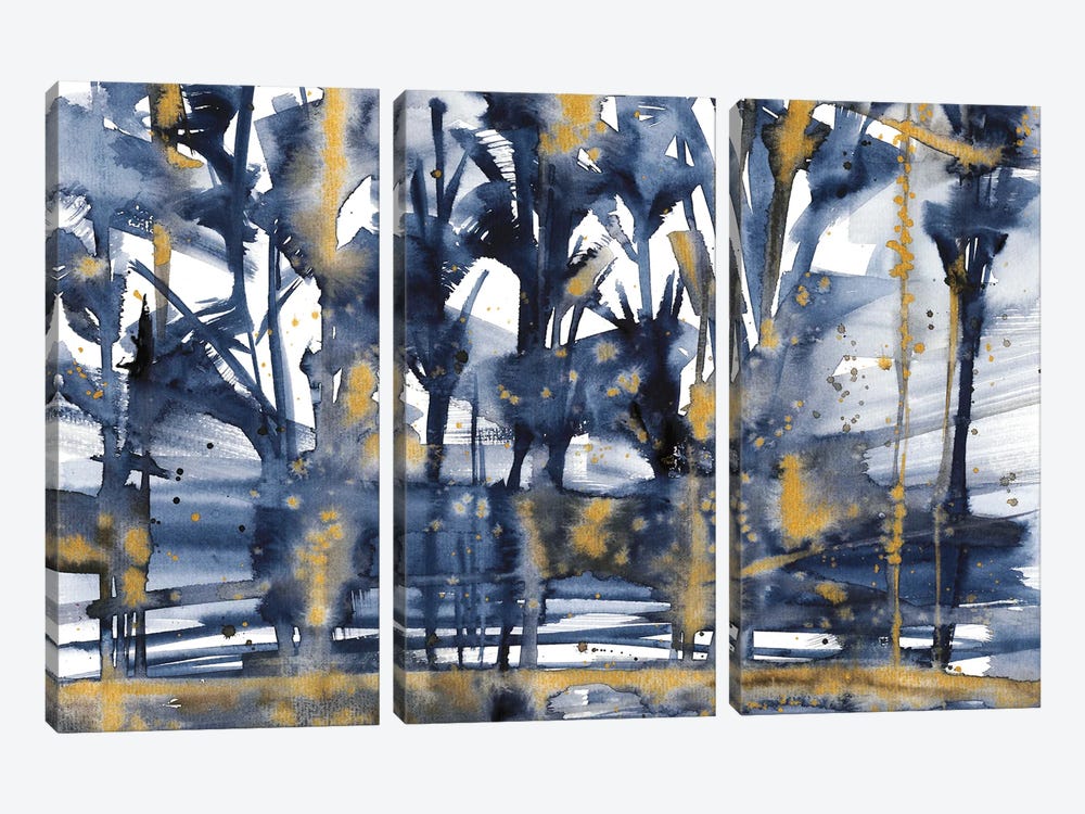 Blue And Gold Forest, Watercolor by Ana Ozz 3-piece Canvas Print