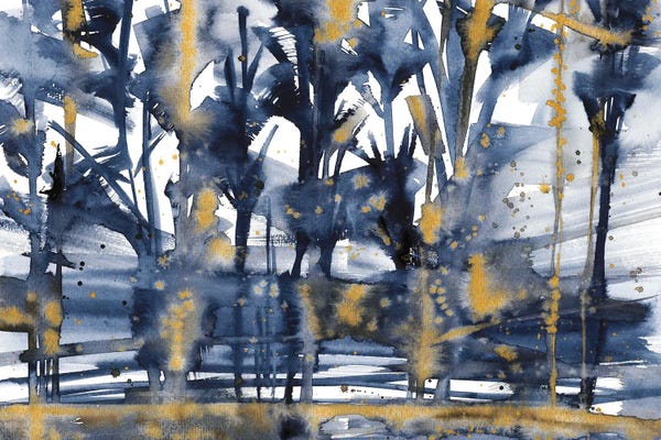 Ana Ozz: Blue And Gold Forest, Watercolor by Ana Ozz