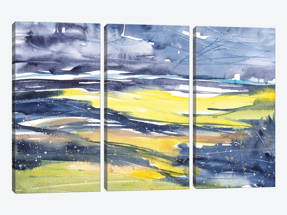 Blue And Yellow Watercolor Abstract Landscape by Ana Ozz 3-piece Canvas Wall Art