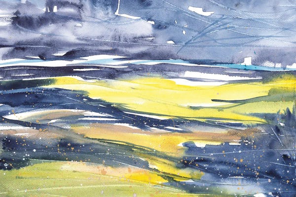 Ana Ozz: Blue And Yellow Watercolor Abstract Landscape by Ana Ozz