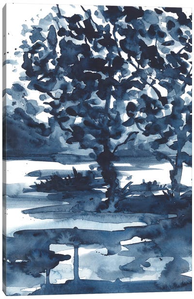 Watercolor Dark Blue Abstract Tree Canvas Art Print - Ana Ozz