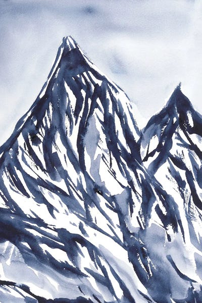Ana Ozz: Blue Mountains In Snow, Watercolor Landscape by Ana Ozz