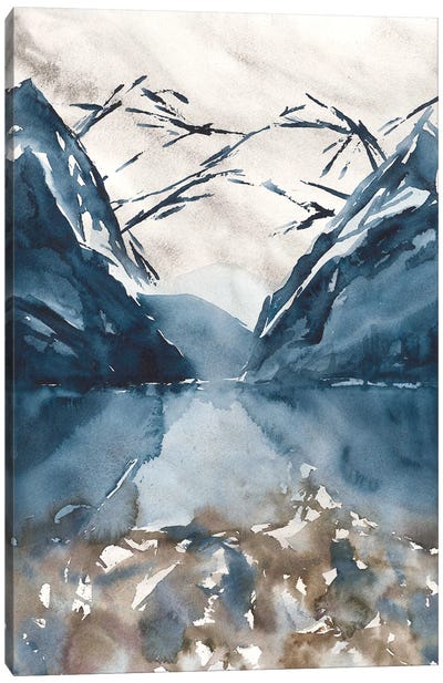 Watercolor Mountains, Blue Landscape Canvas Art Print - Blue & Gray Art