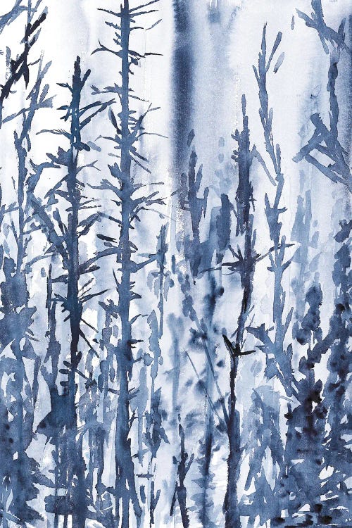 Blue Mysterious Trees, Watercolor Landscape