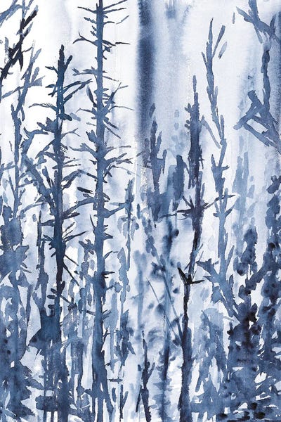 Blue Mysterious Trees, Watercolor Landscape