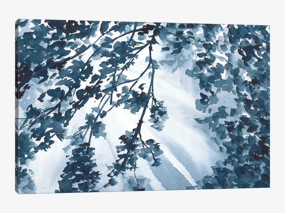 Sunny Trees, Blue Watercolor Landscape by Ana Ozz 1-piece Canvas Art Print