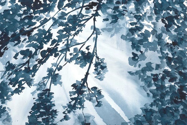Ana Ozz: Sunny Trees, Blue Watercolor Landscape by Ana Ozz
