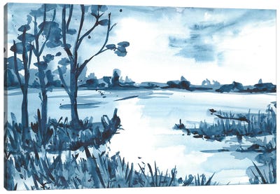 Light Blue Watercolor Lake Canvas Art Print - Subtle Landscapes