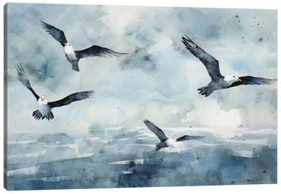 Seagull In The Blue Sky Canvas Art Print - Gull & Seagull Art