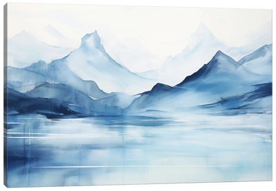 Watercolor Mountains On A Lake, Blue Landscape Canvas Art Print - Jordy Blue