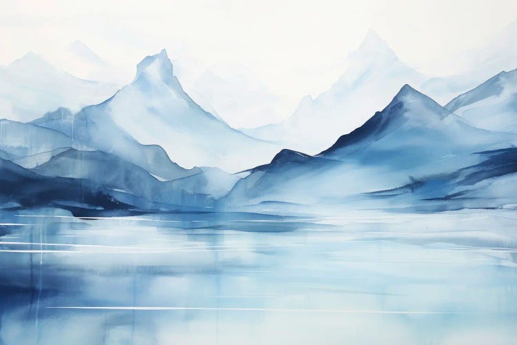 Watercolor Mountains On A Lake, Blue Landscape