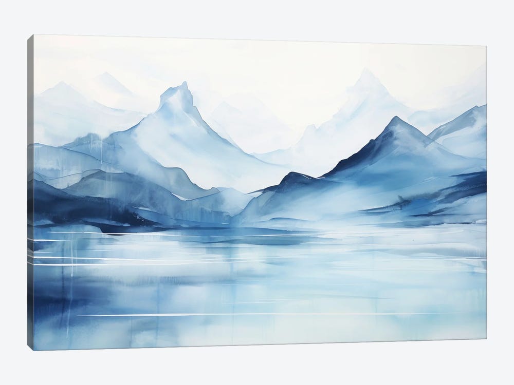 Watercolor Mountains On A Lake, Blue Landscape by Ana Ozz 1-piece Canvas Art