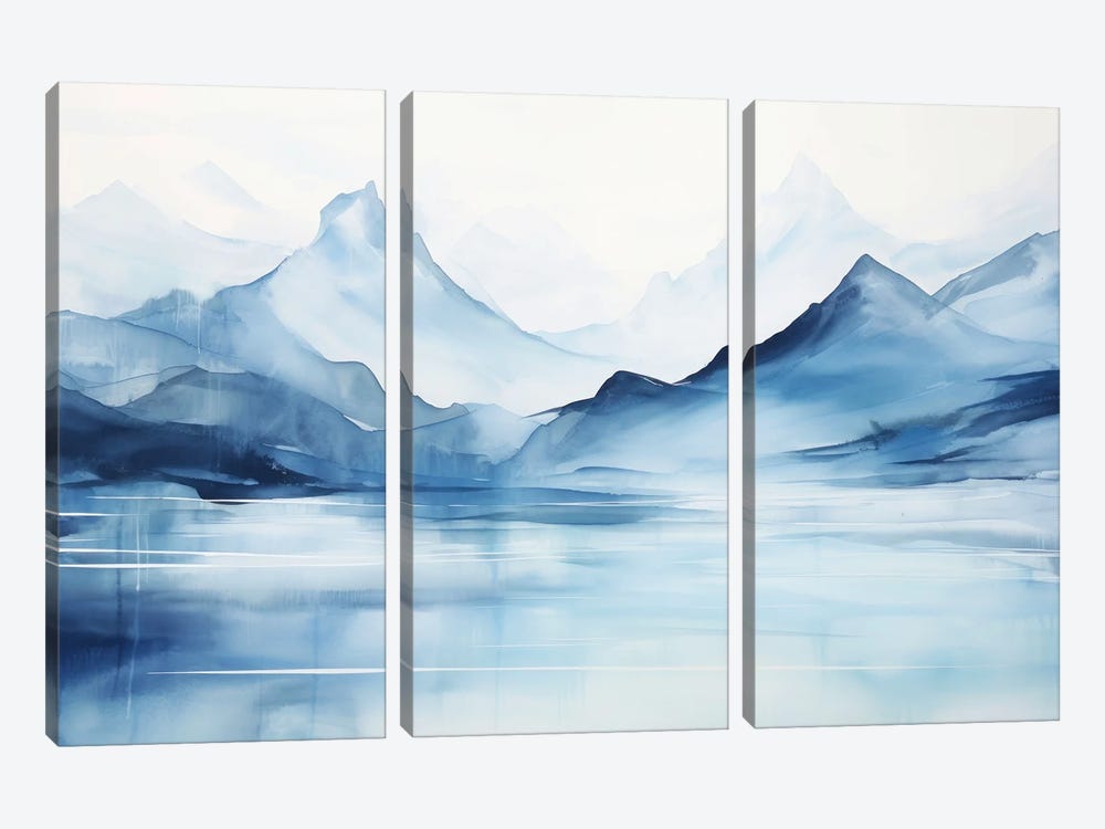 Watercolor Mountains On A Lake, Blue Landscape by Ana Ozz 3-piece Canvas Wall Art