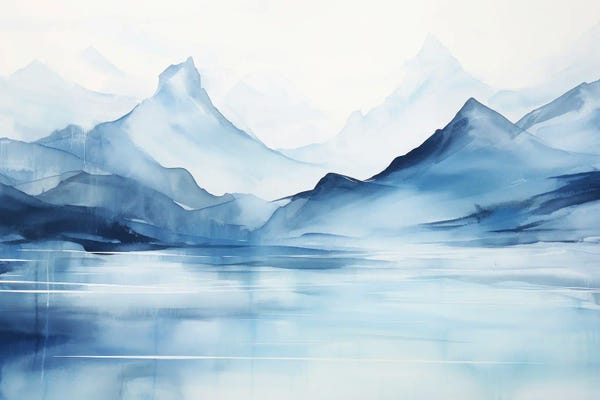 Abstract Landscapes: Watercolor Mountains On A Lake, Blue Landscape by Ana Ozz