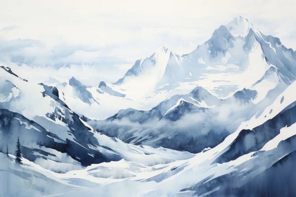 Ana Ozz: Blue Snowy Mountains, Watercolor Landscape II by Ana Ozz