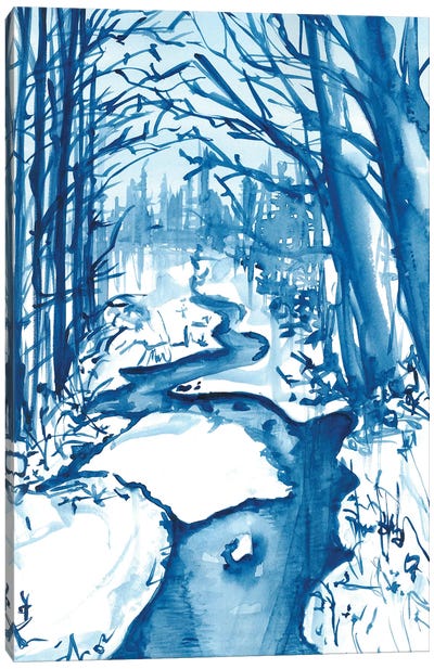 Snowy Winter Stream Watercolor Canvas Art Print - Subtle Landscapes