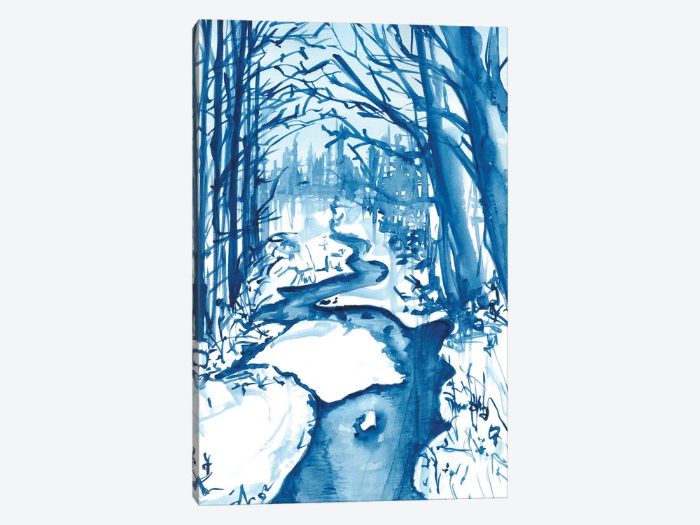 Snowy Winter Stream Watercolor by Ana Ozz 1-piece Canvas Artwork
