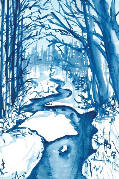 Ana Ozz: Snowy Winter Stream Watercolor by Ana Ozz
