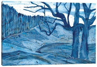 Blue Trees Watercolor Canvas Art Print - Subtle Landscapes