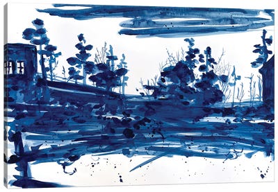 Dark Blue Minimalist Landscape Canvas Art Print - Ana Ozz