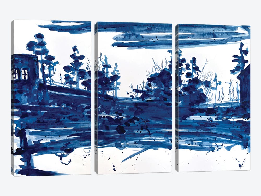 Dark Blue Minimalist Landscape by Ana Ozz 3-piece Canvas Artwork