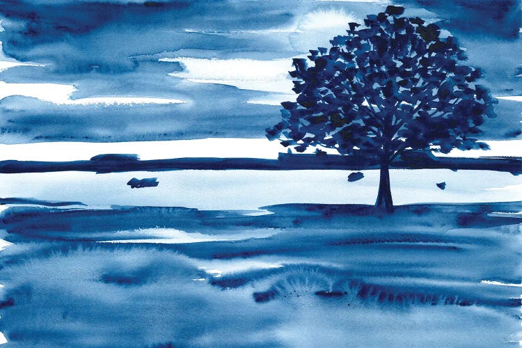 Watercolor Landscape With Dark Blue Tree