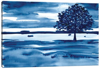 Watercolor Landscape With Dark Blue Tree Canvas Art Print - Ana Ozz