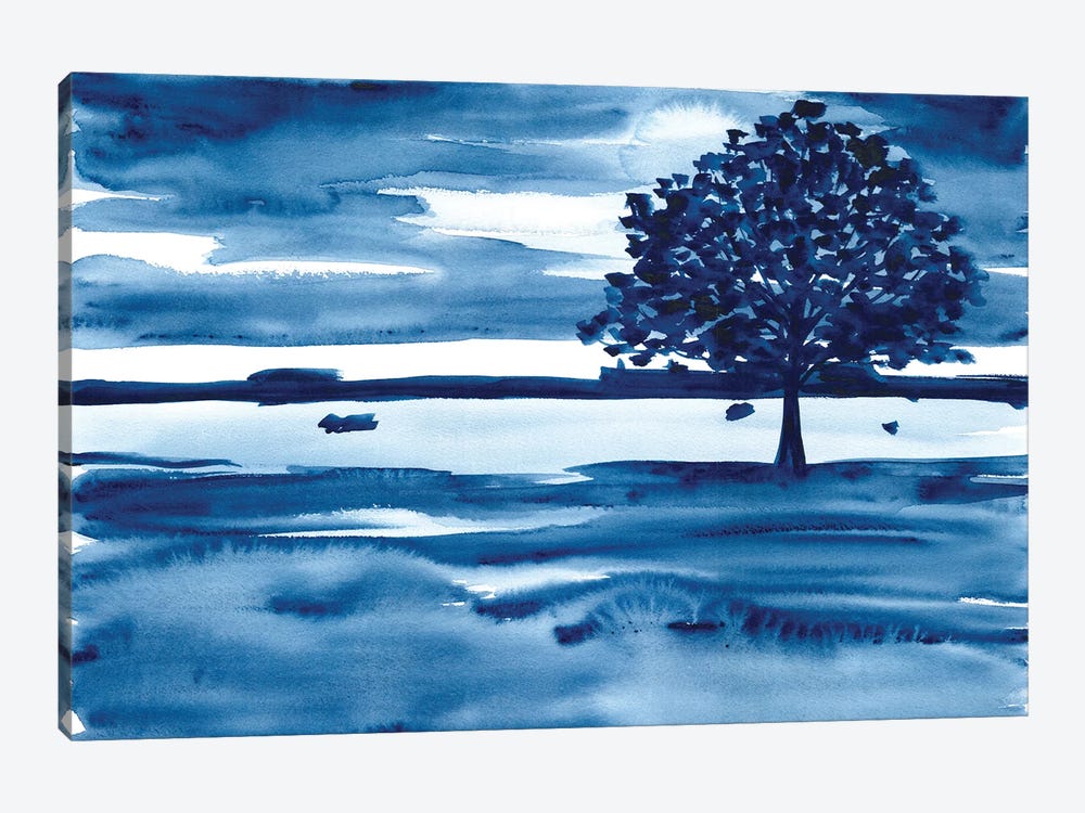 Watercolor Landscape With Dark Blue Tree by Ana Ozz 1-piece Canvas Print