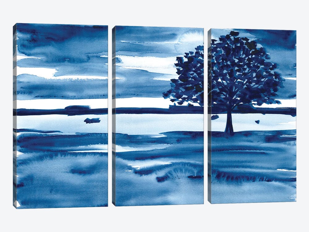 Watercolor Landscape With Dark Blue Tree by Ana Ozz 3-piece Canvas Print