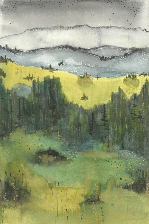 Green Watercolor Landscape, Blue Mountains