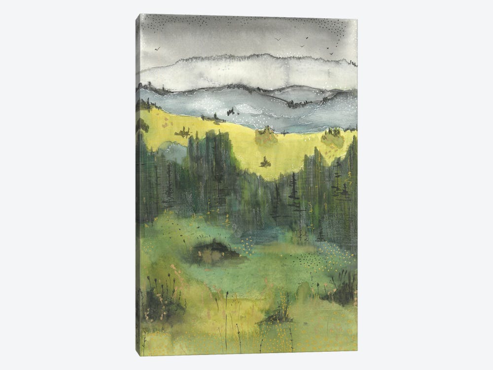 Green Watercolor Landscape, Blue Mountains by Ana Ozz 1-piece Canvas Art