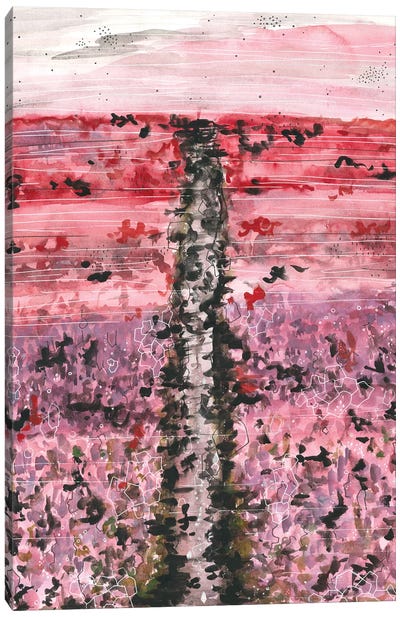 Pink Flower Field, Watercolor Landscape Canvas Art Print - Ana Ozz